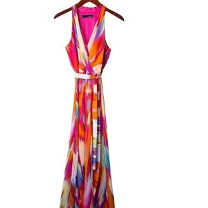 CHETTA B Sleeveless Tie Waist Maxi Dress in Bright Watercolor Pink Size 4